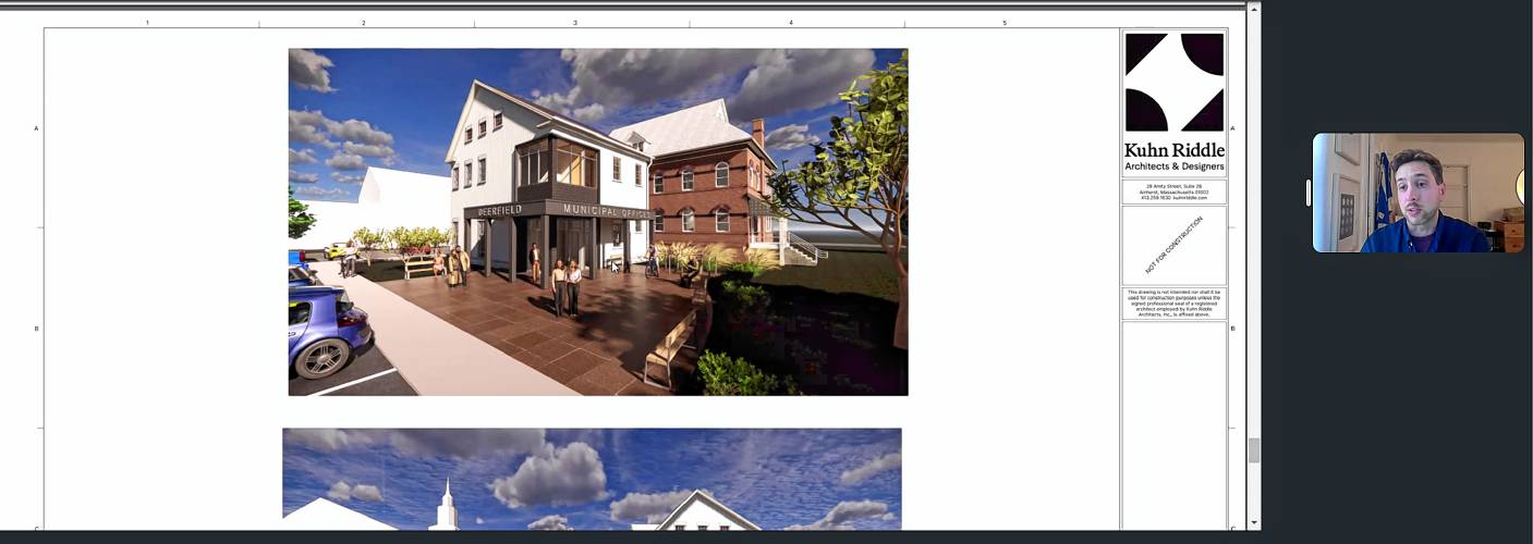 Deerfield Planning and Economic Development Coordinator Christopher Dunne presents a conceptual rendering of the 1888 Building renovation and expansion project. The renderings are not final drawings and building colors may be changed in the future.