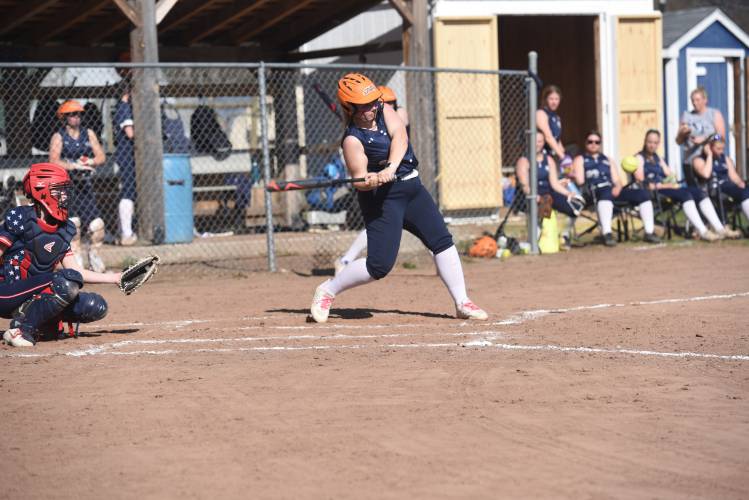 Franklin Tech's Alison George cracks a base hit against Mahar on Wednesday in Turners. 