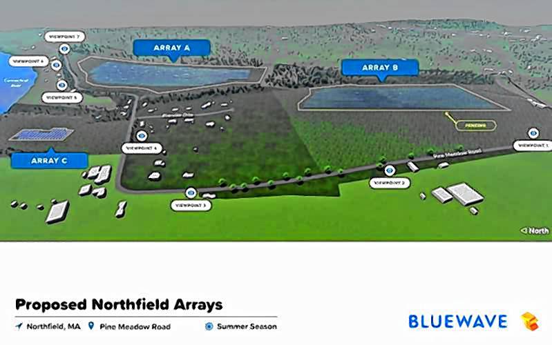 A site rendering created by BlueWave Solar shows where three future solar arrays will be located off of Pine Meadow Road in Northfield. A site rendering created by BlueWave Solar shows where three future solar arrays will be located off of Pine Meadow Road in Northfield.