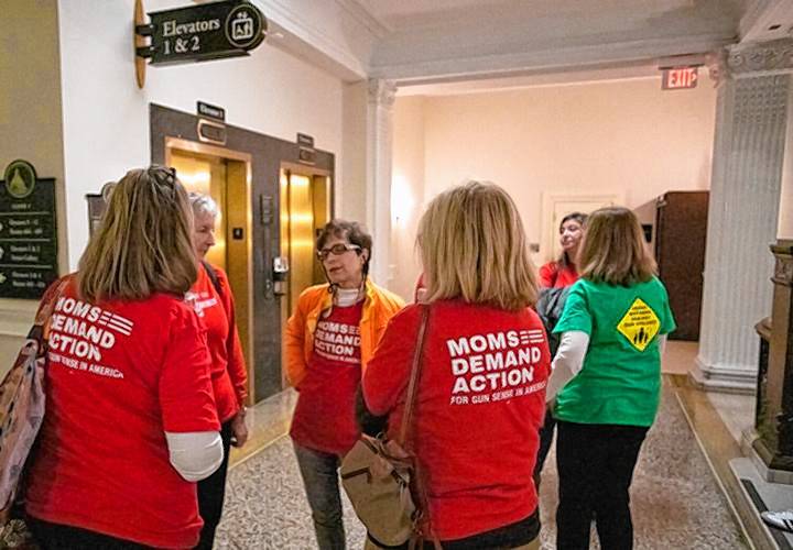 Members of Moms Demand Action stand outside the spectators’ gallery during the ongoing Senate debate on a firearm reforms package on Thursday. Members of Moms Demand Action stand outside the spectators’ gallery during the ongoing Senate debate on a firearm reforms package on Thursday.