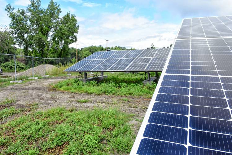 Solar panels at the end of Sandy Lane in Montague. According to River Strong, associate director of the UMass Clean Energy Extension, Montague hosts approximately 14.1 megawatts of installed solar and gets roughly 20% of its community electricity needs (90,000 megawatt hours) from its solar energy.