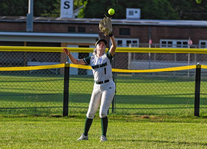 Greenfield’s Gloria McDonald (1) hauls in a catch in center field against Tahanto during the MIAA Division 5 quarterfinal on Friday at Vets Field in Greenfield.