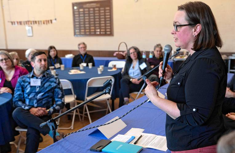 State Rep. Lindsay Sabadosa speaks at the 13th annual Congregation B’nai Israel Tikkun Olam Legislative Luncheon in Northampton on Monday.
