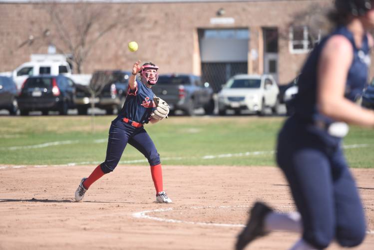 Mahar's Cordelia Rhodes makes the throw from third to first against Franklin Tech on Wednesday in Turners. 