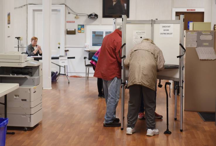 Voting in Bernardston Town Hall in 2022. Polls for this year’s election will be open on Monday, May 5, from 11 a.m. to 7 p.m. at Town Hall, 38 Church St. Voting in Bernardston Town Hall in 2022. Polls for this year’s election will be open on Monday, May 5, from 11 a.m. to 7 p.m. at Town Hall, 38 Church St.