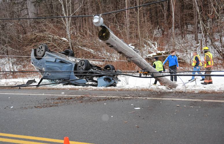 A Honda Civic struck a utility pole on Jacksonville Road (Route 112) in Colrain on Tuesday afternoon, reducing traffic to one lane while Colrain police and fire officials secured the scene. The driver was out of the vehicle as Eversource arrived. A Honda Civic struck a utility pole on Jacksonville Road (Route 112) in Colrain on Tuesday afternoon, reducing traffic to one lane while Colrain police and fire officials secured the scene. The driver was out of the vehicle as Eversource arrived.