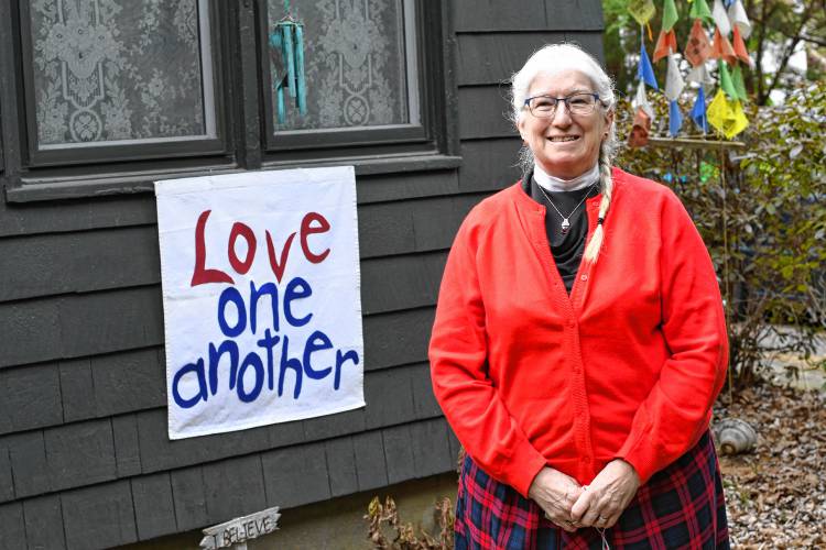 The Rev. Linda M. Rhinehart Neas outside her South Deerfield home. The Rev. Linda M. Rhinehart Neas outside her South Deerfield home.