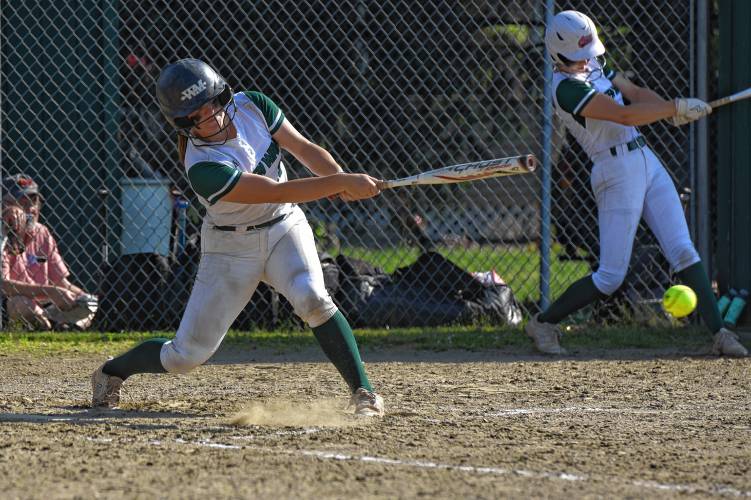 Greenfield’s Ainslee Flynn puts the ball in play during the Green Wave’s victory over Monson in the MIAA Division 5 Round of 16 on Wednesday at Veterans Field in Greenfield.