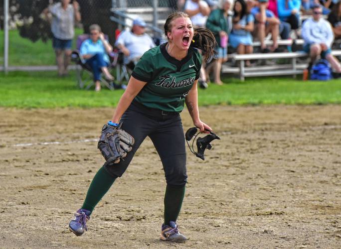 Tahanto pitcher Abby Bidinger (6) celebrates after recording the final out of her team’s 5-2 win over Greenfield in the MIAA Division 5 quarterfinal round at Vets Field in Greenfield on Friday.