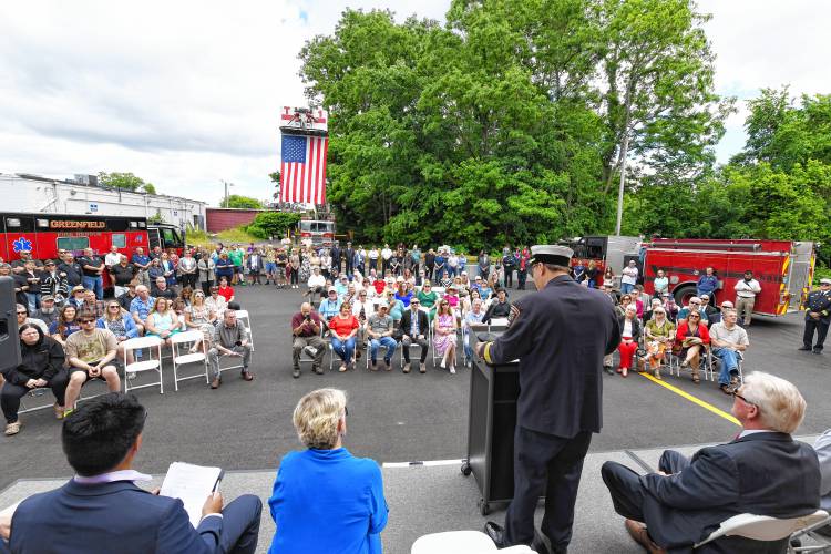 Greenfield Fire Chief Robert Strahan speaks at the grand opening of the new Greenfield Fire Station on Monday morning in Greenfield.