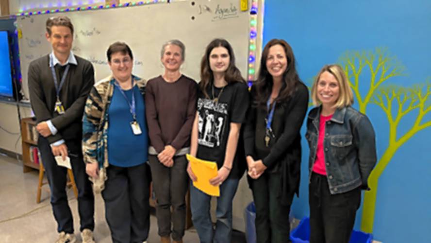 From left, Mohawk Trail Regional School Principal Chris Buckland, Vice Principal Paula Brault, Kristen Howard (Eliza Crowell’s parent), senior Eliza Crowell, and guidance counselors Linda Desarro and Taffy Ruggeri. From left, Mohawk Trail Regional School Principal Chris Buckland, Vice Principal Paula Brault, Kristen Howard (Eliza Crowell’s parent), senior Eliza Crowell, and guidance counselors Linda Desarro and Taffy Ruggeri.