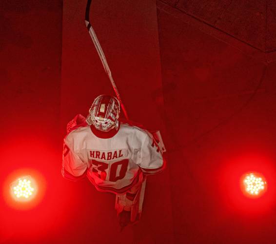 UMass goalie Michael Hrabal (30) walks to the ice before the college hockey game against Boston College at the Mullins Center, Saturday, Feb. 15, 2025, in Amherst.