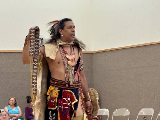 As director of the nonprofit First Light Foundation, Annawon Weeden aims to educate people about Wampanoag history and culture. He recently visited Rowe Elementary School.