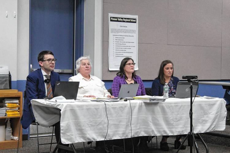From left, Pioneer Valley Regional School District Director of Finance and Operations Jordan Burns, Superintendent Patricia Kinsella, School Committee Chair Reina Dastous and School Committee member Melissa Gerry at the district’s budget hearing Thursday evening.