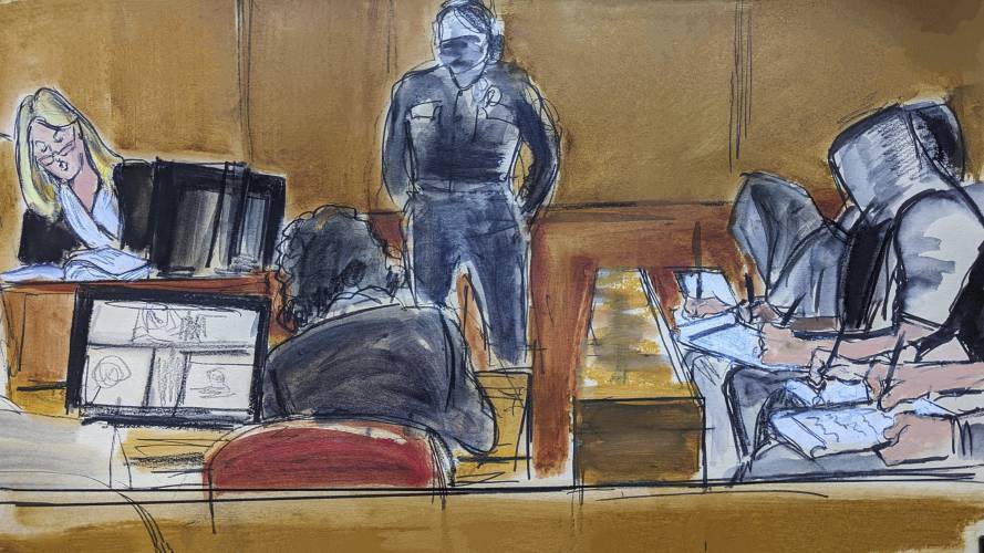 In this courtroom sketch, Thursday May 30, 2024, a courtroom stenographer seated in witness box, left, reads back testimony that the jury requested, as the jury, far right takes notes. Jury deliberations in Donald Trump's criminal hush money trial entered their second day on Thursday. (Elizabeth Williams via AP)