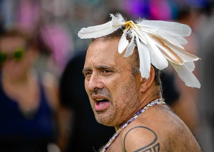Hartman Deetz, a member of the Mashpee Wampanoag Tribe, performs with the Wampanoag Nation Singers and Dancers during the Pocumtuck Homelands Festival.
