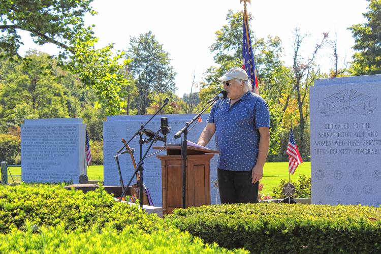 Marvin Shedd, chairman of the Veterans Memorial Committee, speaking at the Bernardston Veterans Memorial rededication ceremony on Saturday, Sept. 14.