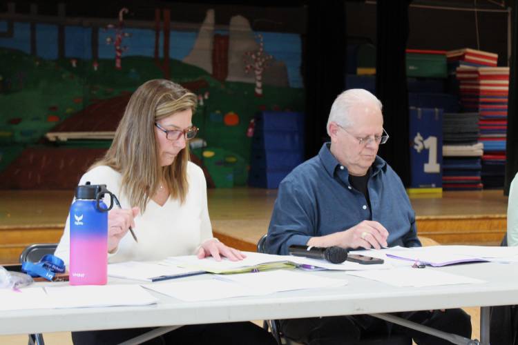 Shelburne Town Administrator Terry Narkewicz and Selectboard Chair Rick LaPierre at Tuesday’s Special Town Meeting at Buckland-Shelburne Elementary School.