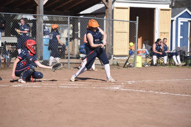 Franklin Tech's Breanna Kempf knocks a base hit against Mahar on Wednesday in Turners. 