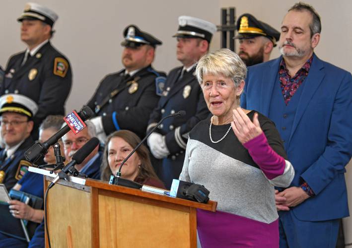 After being sworn in, new Greenfield Mayor Virginia “Ginny” Desorgher addresses those in attendance at the John Zon Community Center on Tuesday. After being sworn in, new Greenfield Mayor Virginia “Ginny” Desorgher addresses those in attendance at the John Zon Community Center on Tuesday.