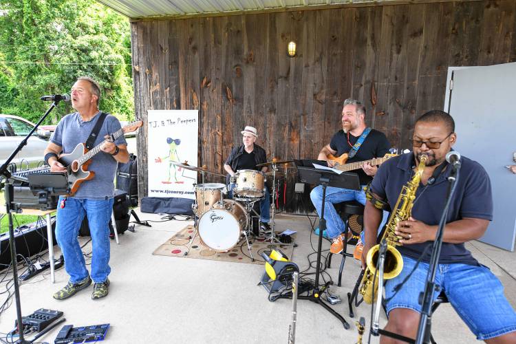 Local band T.J. & the Peepers performs at the South County Senior Center’s annual picnic at Herlihy Park in Whately on Wednesday.