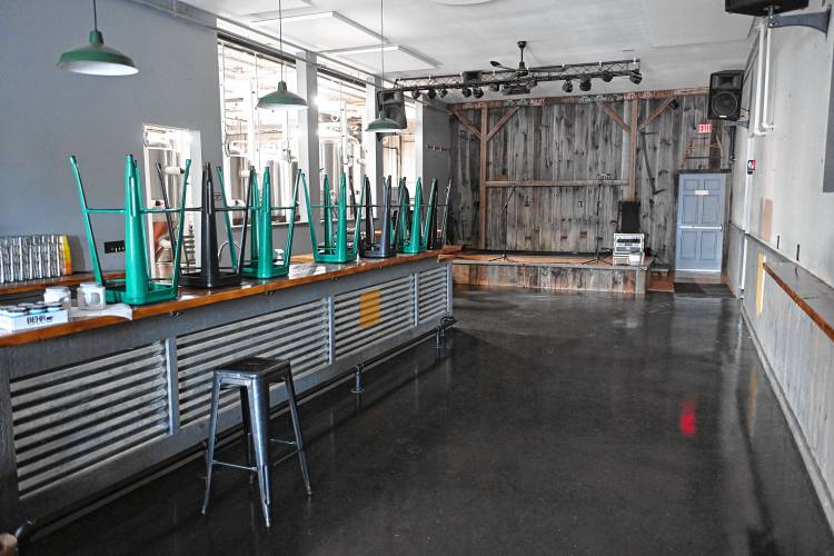 The bar and music stage at the former Hitchcock Brewing Co. space on South Street in Bernardston.
