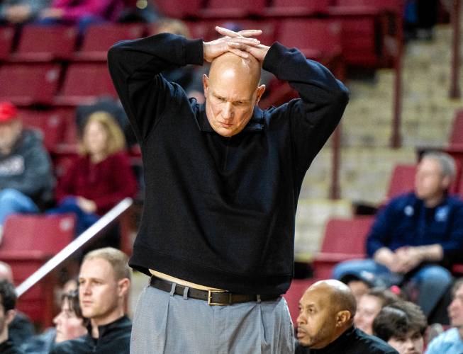 UMass head coach Frank Martin reacts against Davidson at the Mullins Center on Wednesday in Amherst.