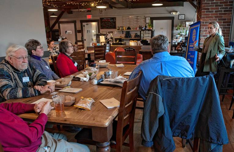 Kelsey Wilson speaks to the Northampton Rotary Club at the Old Mill in Hatfield.