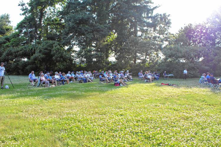 With Whately’s Annual Town Meeting held outside in 90-plus-degree heat, the majority of the 87 voters who braved the high temperatures found their way to the shaded part of the field outside Whately Elementary School.