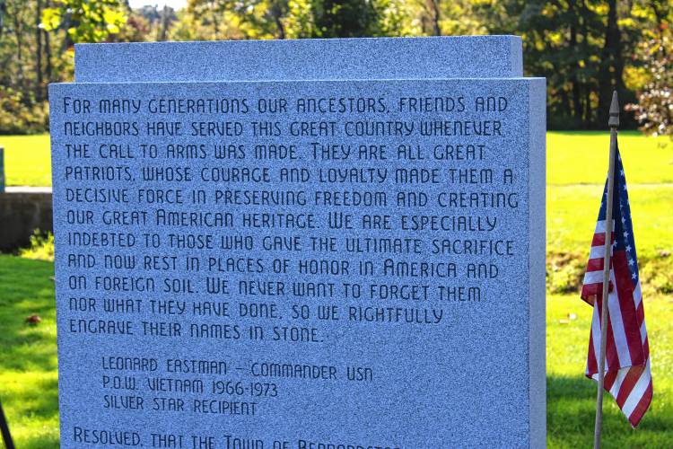 The new stone added to the Bernardston Veterans Memorial in Cushman Park that has a portion of a letter by Vietnam veteran and POW Leonard Eastman which was read at the memorial site’s first dedication in 2002.