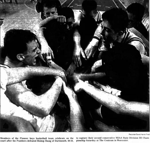 This photo ran in the front page of the sports section in the March 17, 1997 edition of the Greenfield Recorder, following Pioneer’s state title win over Dartmouth Bishop Stang.
