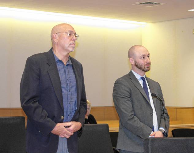 John Baracewicz, left, listens to Judge Tracy Duncan in Franklin County Superior Court on Thursday afternoon while standing next to defense attorney Alexander Conley. He pleaded guilty to single counts of Medicaid false claims, larceny over $1,200 and Medicaid kickbacks. His case was continued without a finding for two years.