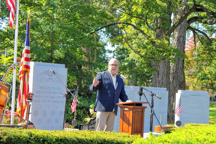 U.S. Rep. Jim McGovern delivering his remarks during the Bernardston Veterans Memorial rededication ceremony on Saturday, Sept. 14.