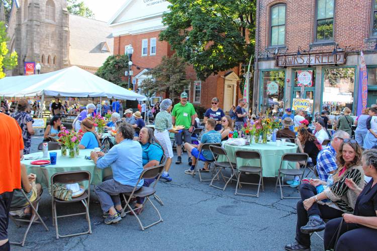 Stone Soup Café’s annual Harvest Supper drew hundreds of people to Court Square in Greenfield on Saturday.