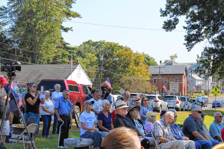 Community members, veterans and local and state officials attend the rededication ceremony for the Bernardston Veterans Memorial at Cushman Park. Two new memorial stones and three dedicated benches were added to the park through a Veterans' Heritage Grant.