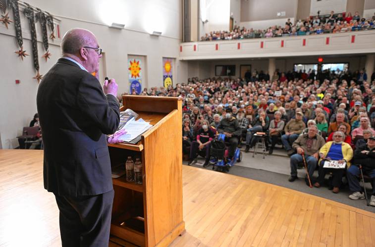 U.S. Rep. Jim McGovern speaks at a town hall event at Greenfield Middle School Tuesday evening. 