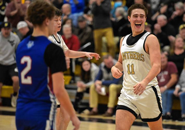 Pioneer’s Hugh Cyhowski (11) is all smiles against Drury during the Panthers’ 54-44 victory in the MIAA Division 5 quarterfinal round on Saturday at Messer Gymnasium in Northfield.