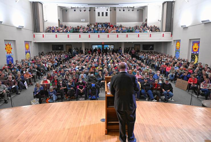 U.S. Rep. Jim McGovern talks with a packed house at a town hall event at Greenfield Middle School Tuesday evening. 