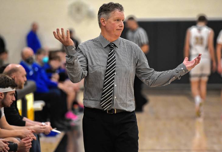 Pioneer head coach Scott Thayer works the sidelines against Drury during the Panthers’ 54-44 victory in the MIAA Division 5 quarterfinal round on Saturday at Messer Gymnasium in Northfield.