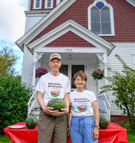 Paul Newlin and Claudia Ciano-Boyce have been organizing Watermelon Wednesdays acoustic concerts at the West Whately Chapel for 25 years.