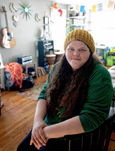 Tásha Pearce, a virtual peer specialist and community bridger with  Wildflower Alliance in the Afiya house in Northampton.


 