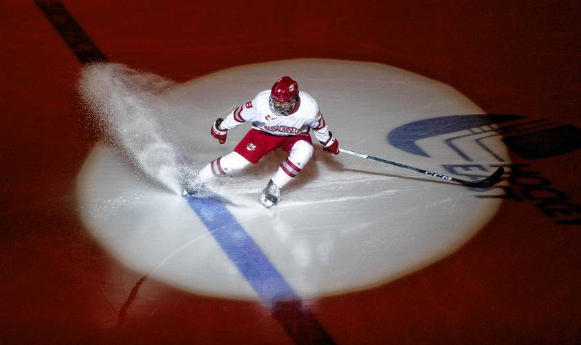 UMass left wing Cam O'Neill is introduced before a game against Boston College at the Mullins Center, last month in Amherst.