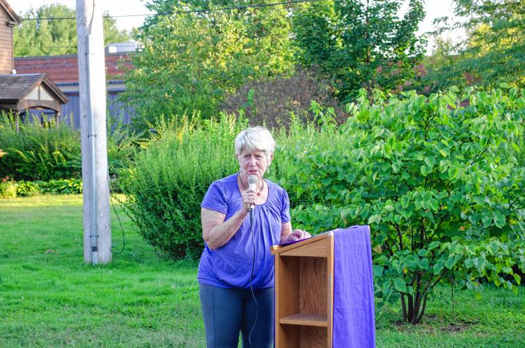 Mayor Ginny Desorgher speaks at a Friday vigil held for those lost to opioid overdose.