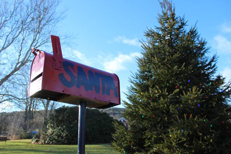 Local children can once again use Santa’s mailbox, pictured in 2016 when it was first used in Cushman Park in Bernardston, to send off their Christmas wish lists.