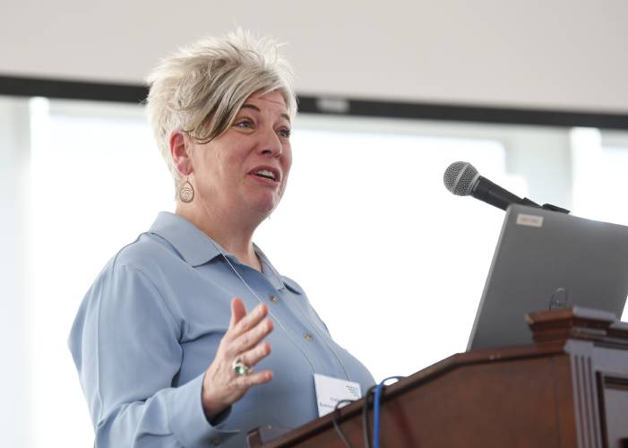 Kristin Cole, vice president of workforce development at Greenfield Community College, speaks at the Franklin County Chamber of Commerce breakfast at Greenfield Community College Friday morning.