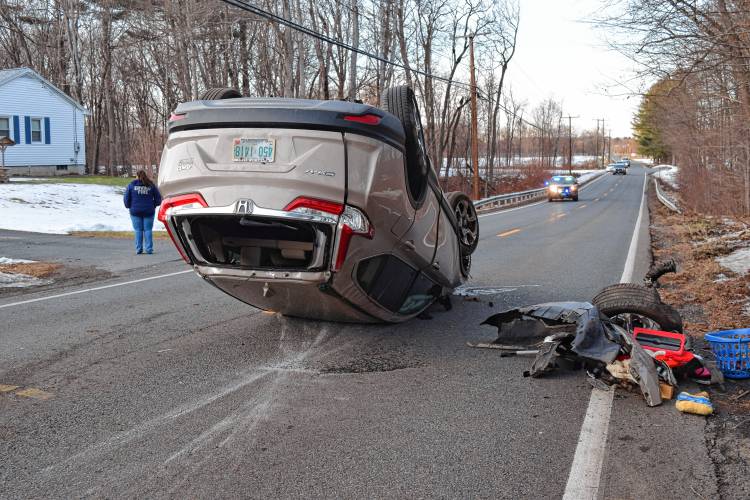 After its driver navigated off the roadway, a Honda CRV struck a tree and flipped upside down near 140 Northfield Road in Erving on Friday.