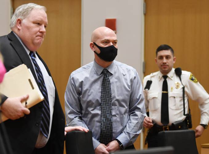 Jacob Wrisley, pictured in Franklin County Superior Court in early 2023 with his defense attorney Robert Kinzer, at left, will spend the next four to five years in state prison after pleading guilty to eight child pornography charges in a change of plea hearing Monday.