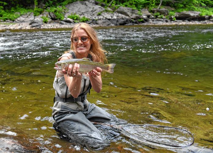 Ashfield resident Casey Sawma caught and released this rainbow trout on the Deerfield River in Conway.