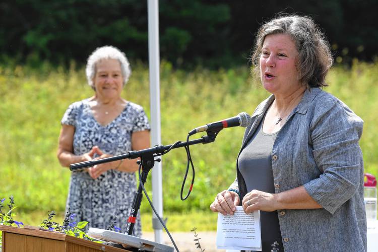 Sen. Jo Comerford, D-Northampton, speaks at a groundbreaking ceremony on Friday morning for the new Shutesbury library.