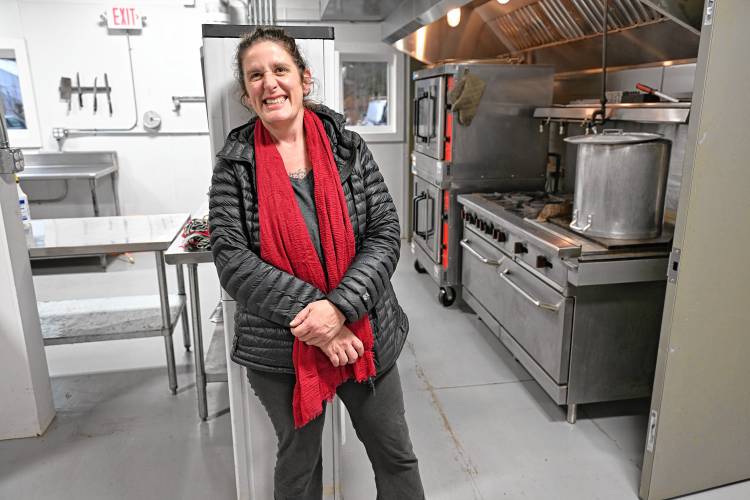 Julia Coffey in the commercial kitchen at Mycoterra Farm in Deerfield.